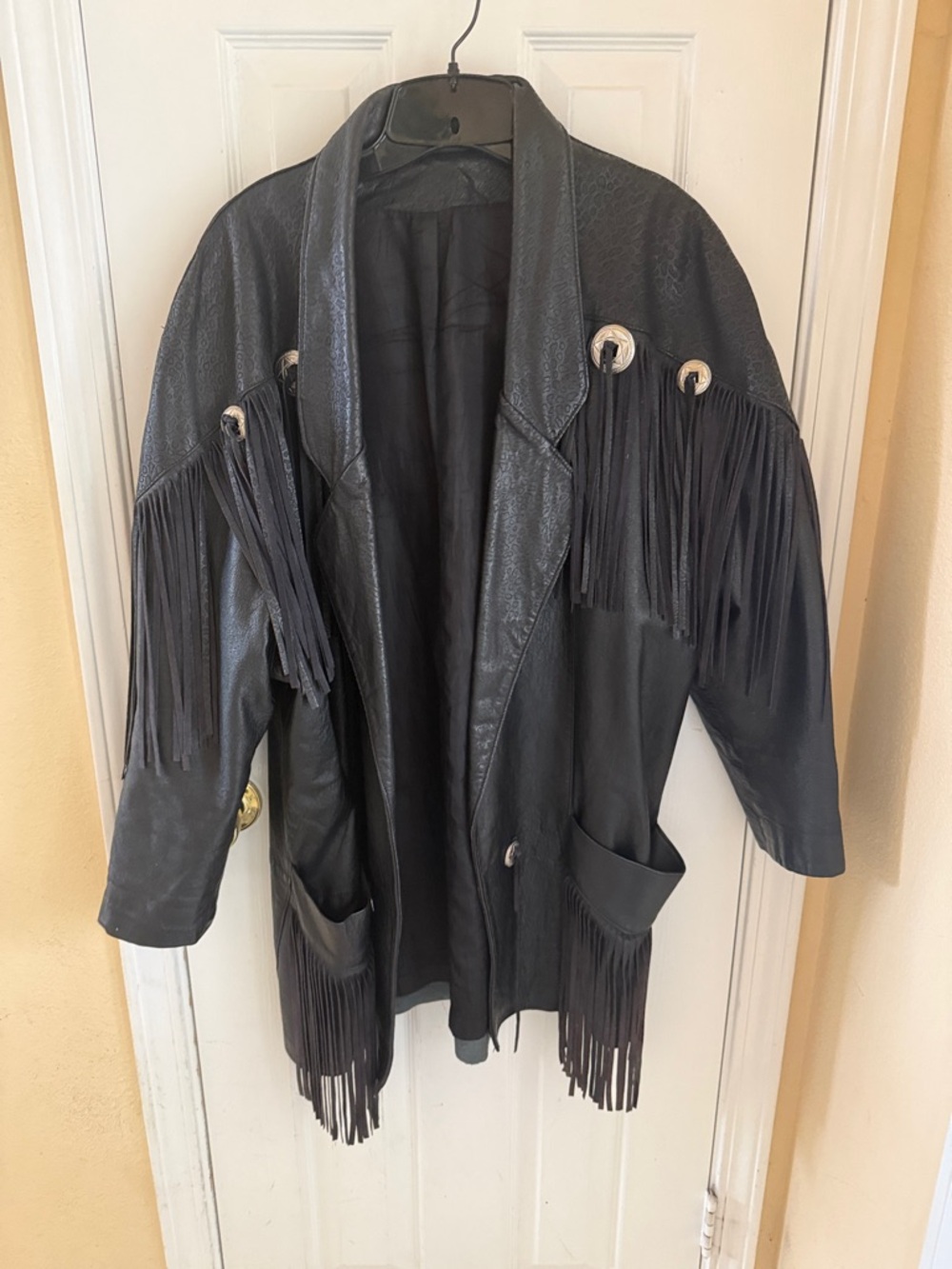 Fringed Leather Jacket Coat - Black